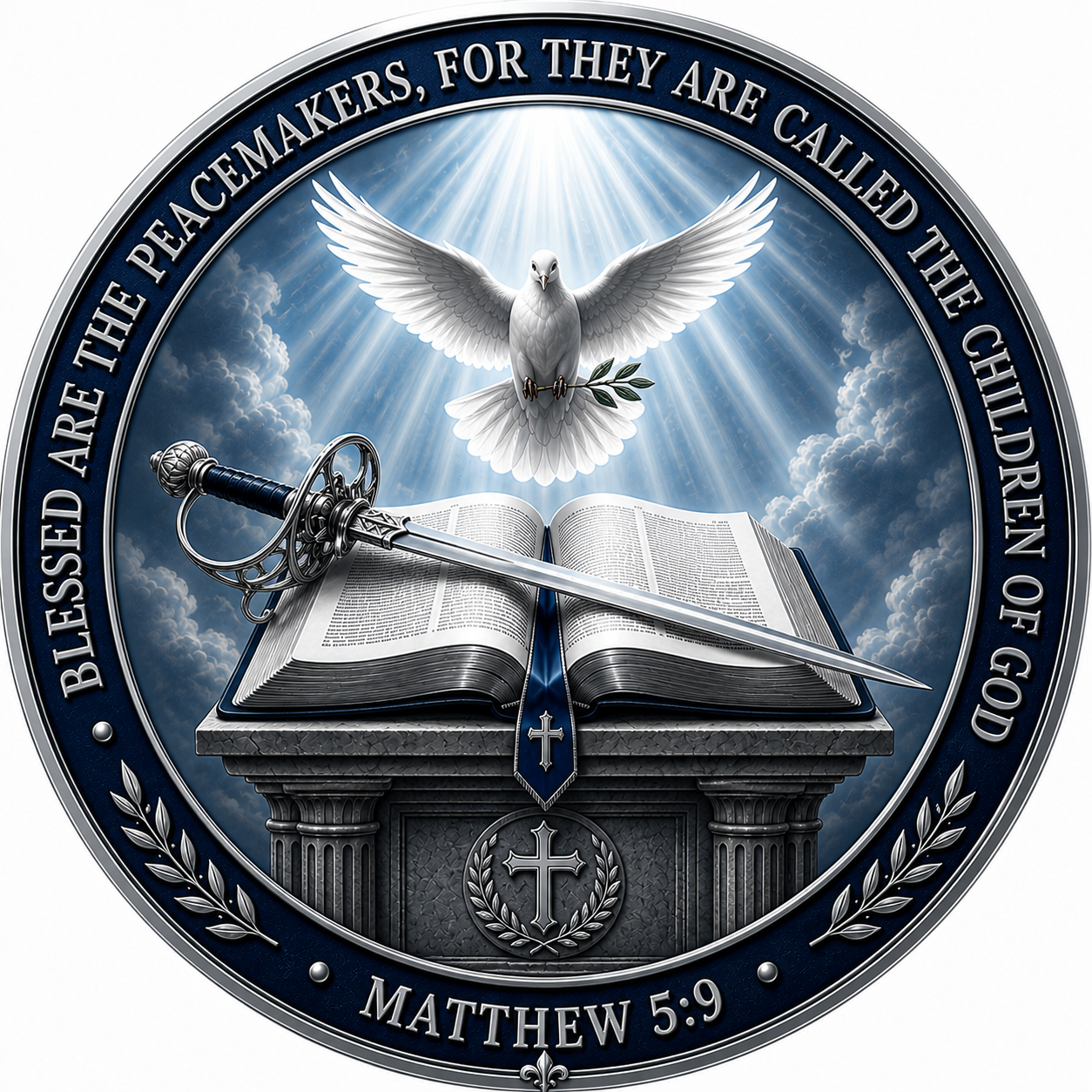 Peacemakers Gathering crest — dove, sword, and open Bible with Matthew 5:9